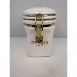 Vintage Gevalia White Ceramic Coffee Canister Swedish Royal Crest Gold Flip Top